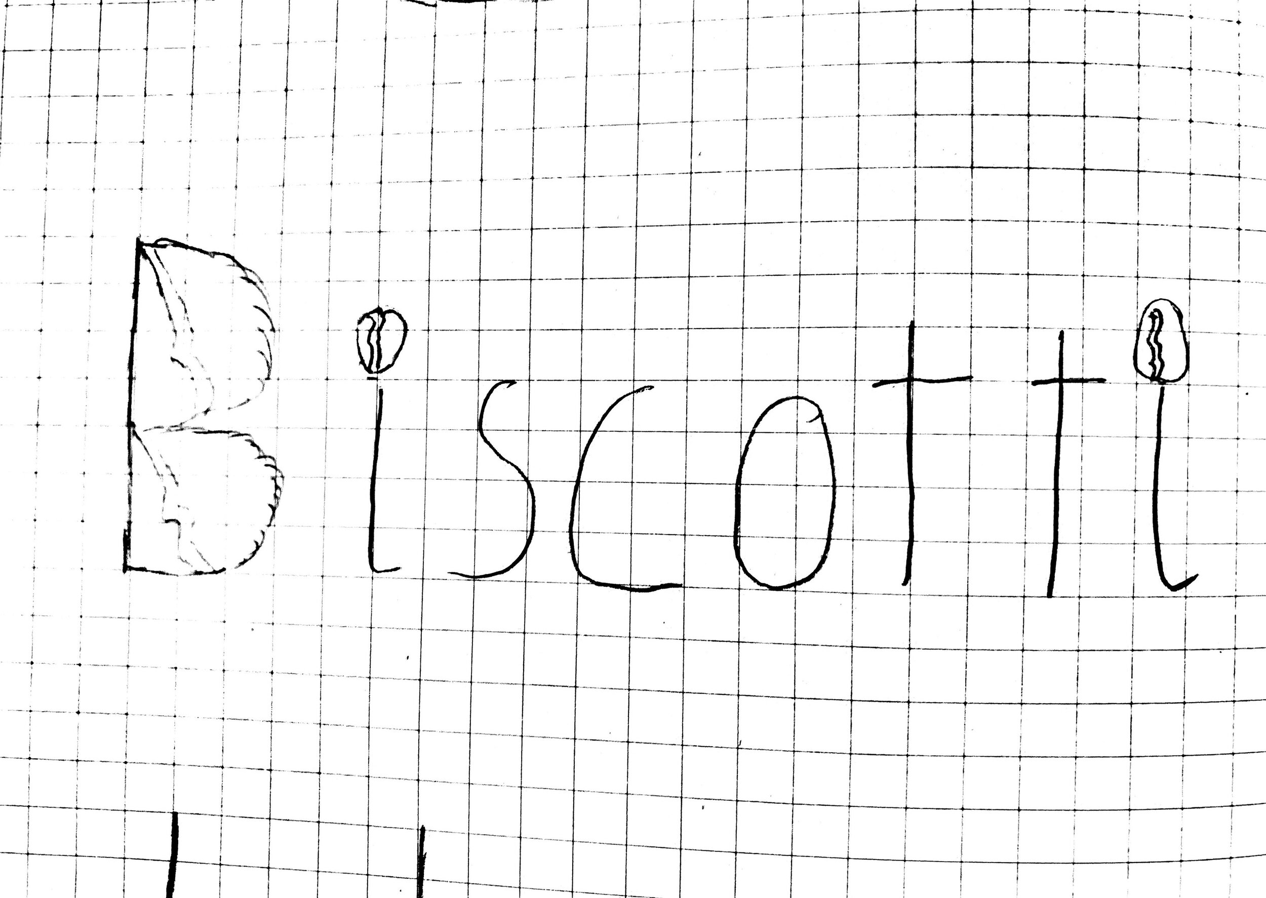 D: "Biscotti" text with coffee beans making up the "B" and on top of the "i's"