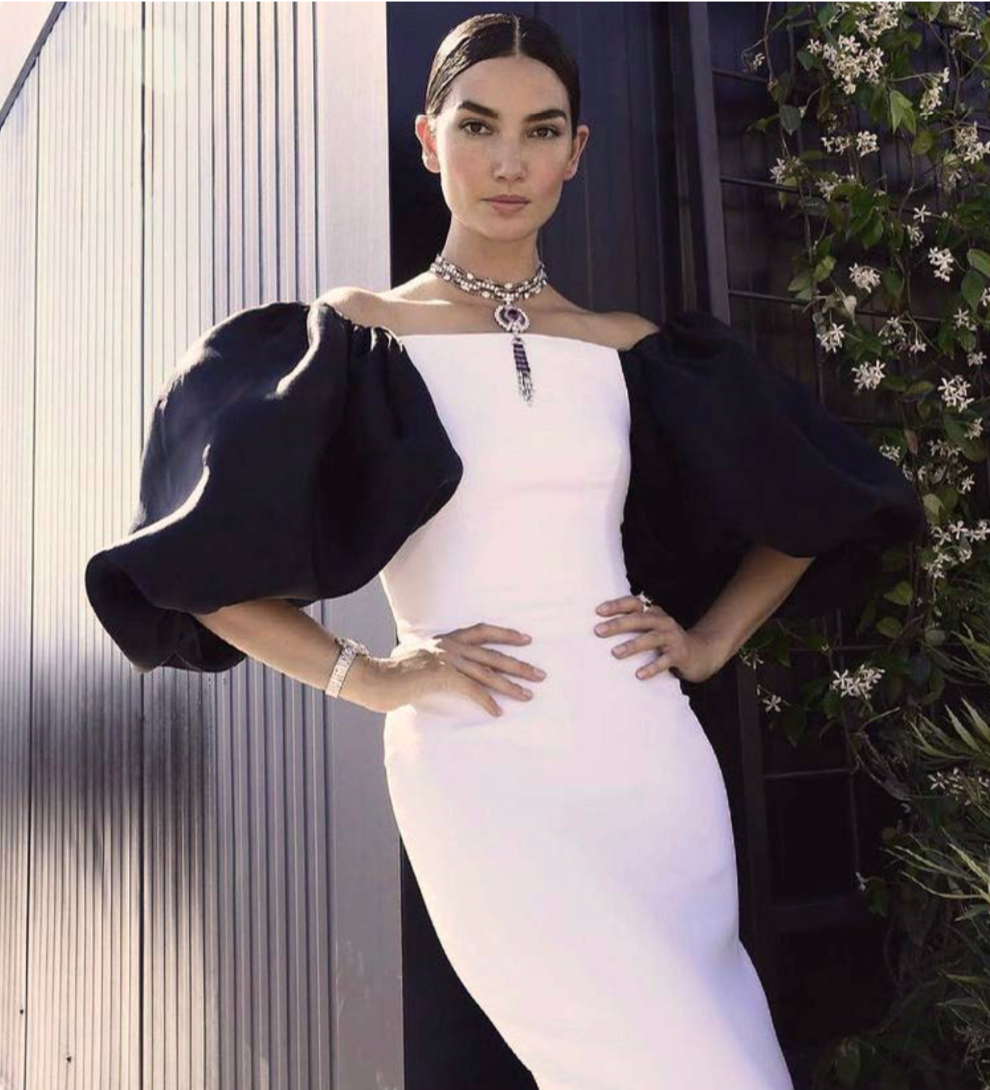 Lily Aldridge featured in WWD wearing client Rasario dress