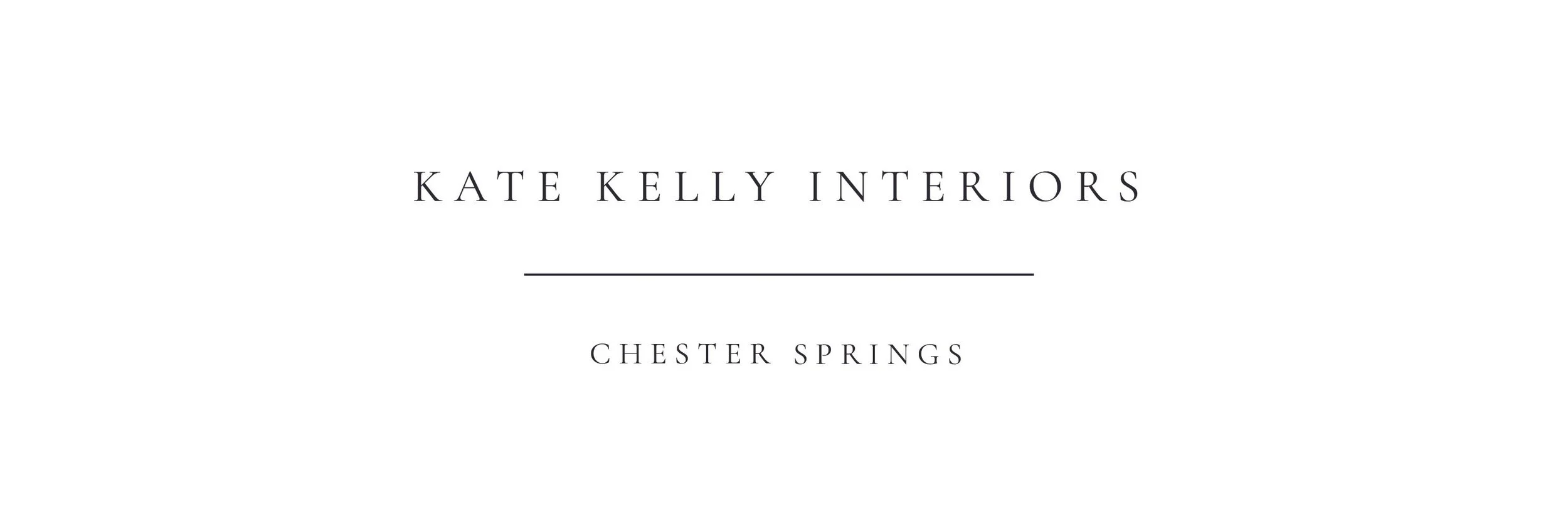 Kate Kelly Interiors logo featuring elegant serif typography on a soft neutral background with the location Chester Springs. Luxury interior design brand identity reflecting timeless, refined, and sophisticated residential design.