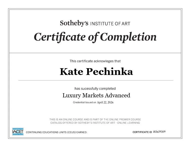 Sotheby's Institute of Art Certificate of Completion awarded to Kate Pechinka for Luxury Markets Advanced course, issued on April 22, 2026.