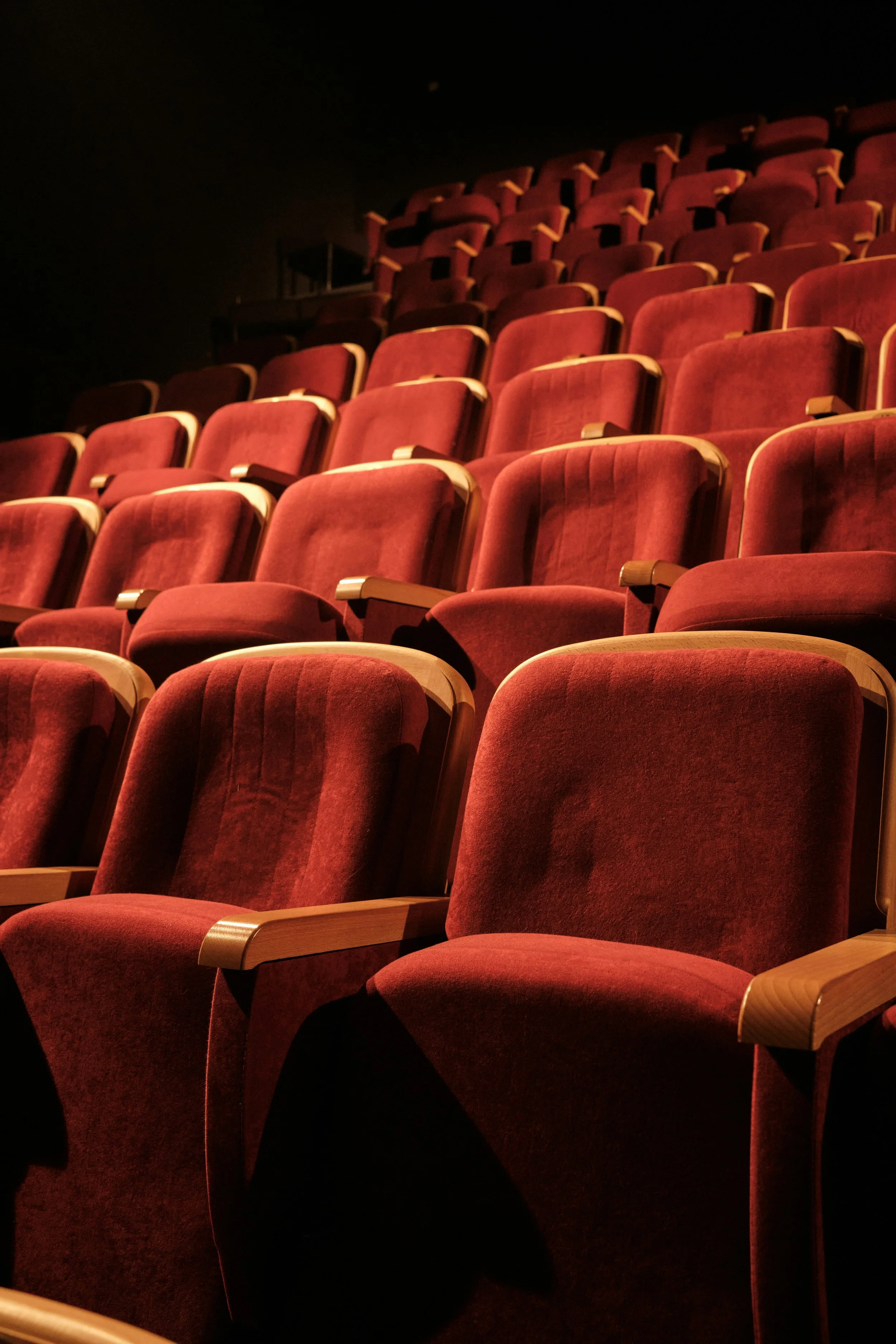 Empty red theater seats arranged in multiple rows.