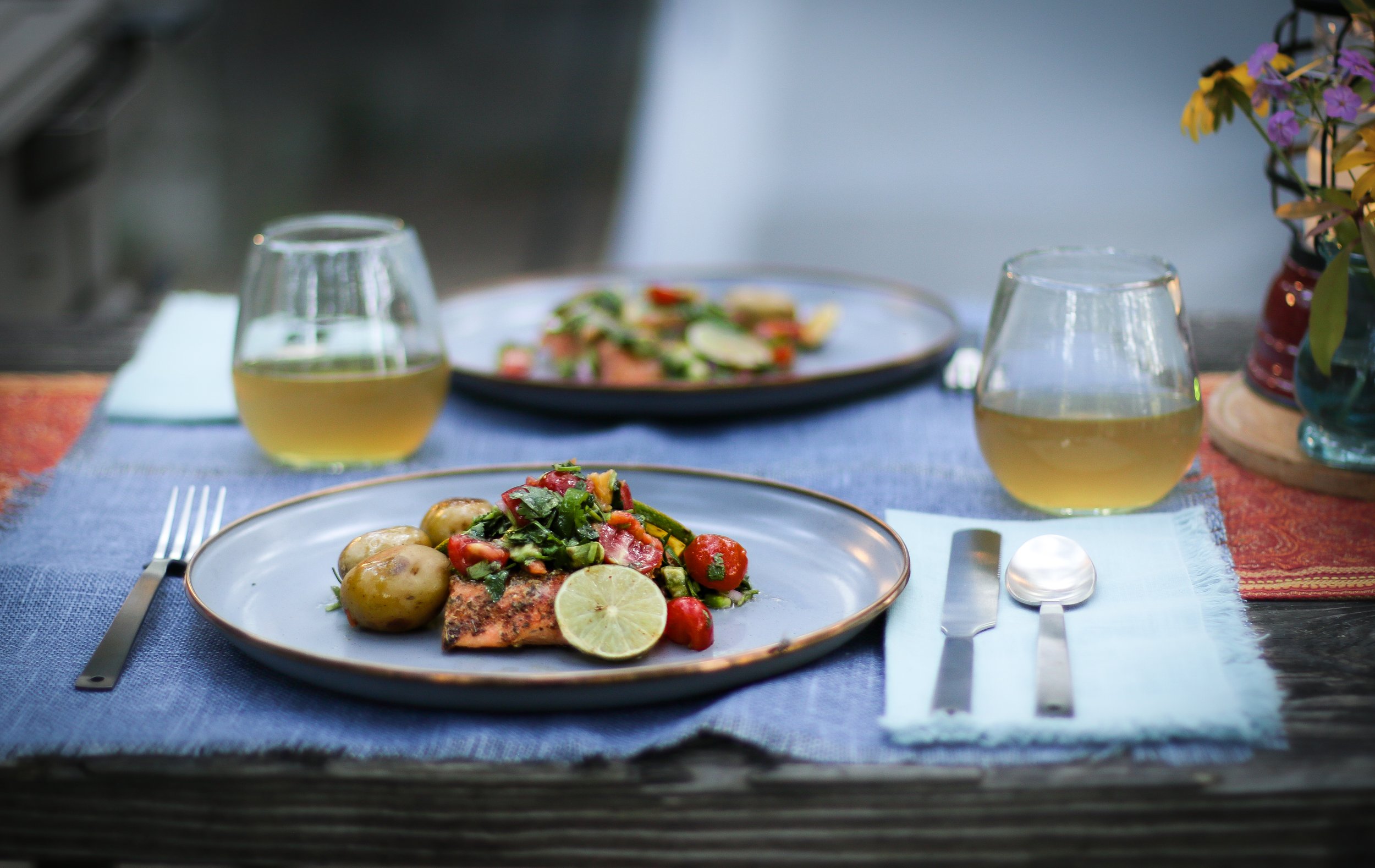 Paprika Lime Salmon with fresh Salsa - A Southern-Inspired Recipe on Plate with Wine PLace Setting.jpg