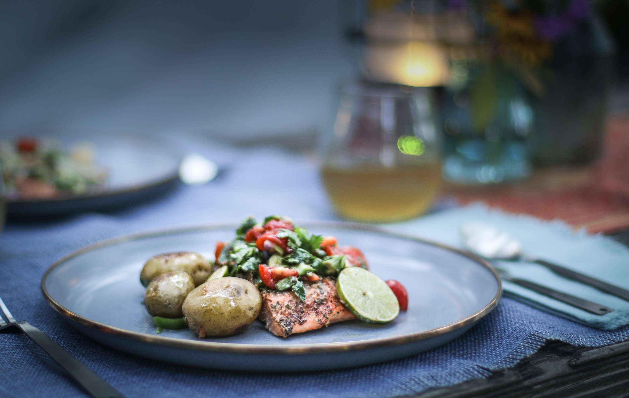 Paprika Lime Salmon with fresh Salsa - A Southern-Inspired Recipe on Plate with Iced Tea Place Setting.jpg
