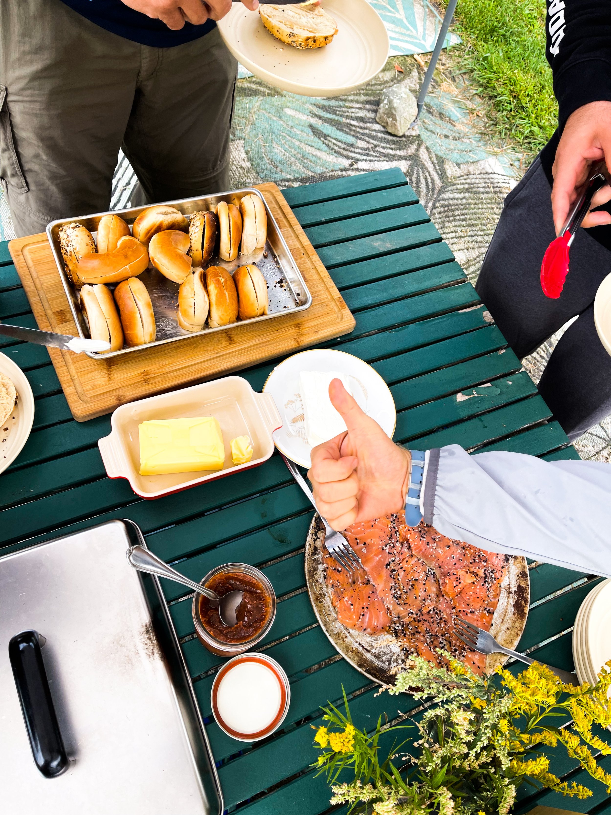 breakfast bagels spread basecamp brooklyn september camping event mountain cruisin.JPG