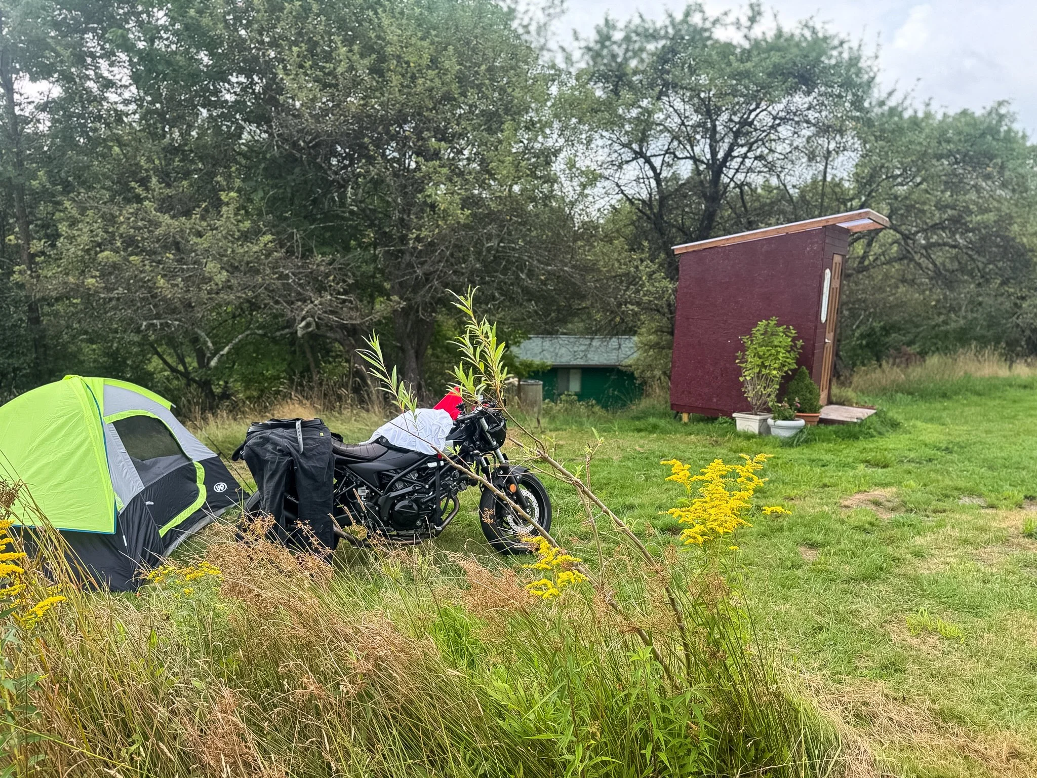 Tents and Motorcycles at Basecamp Brooklyn Estates SUmmer Grillin and Outhouse.JPG