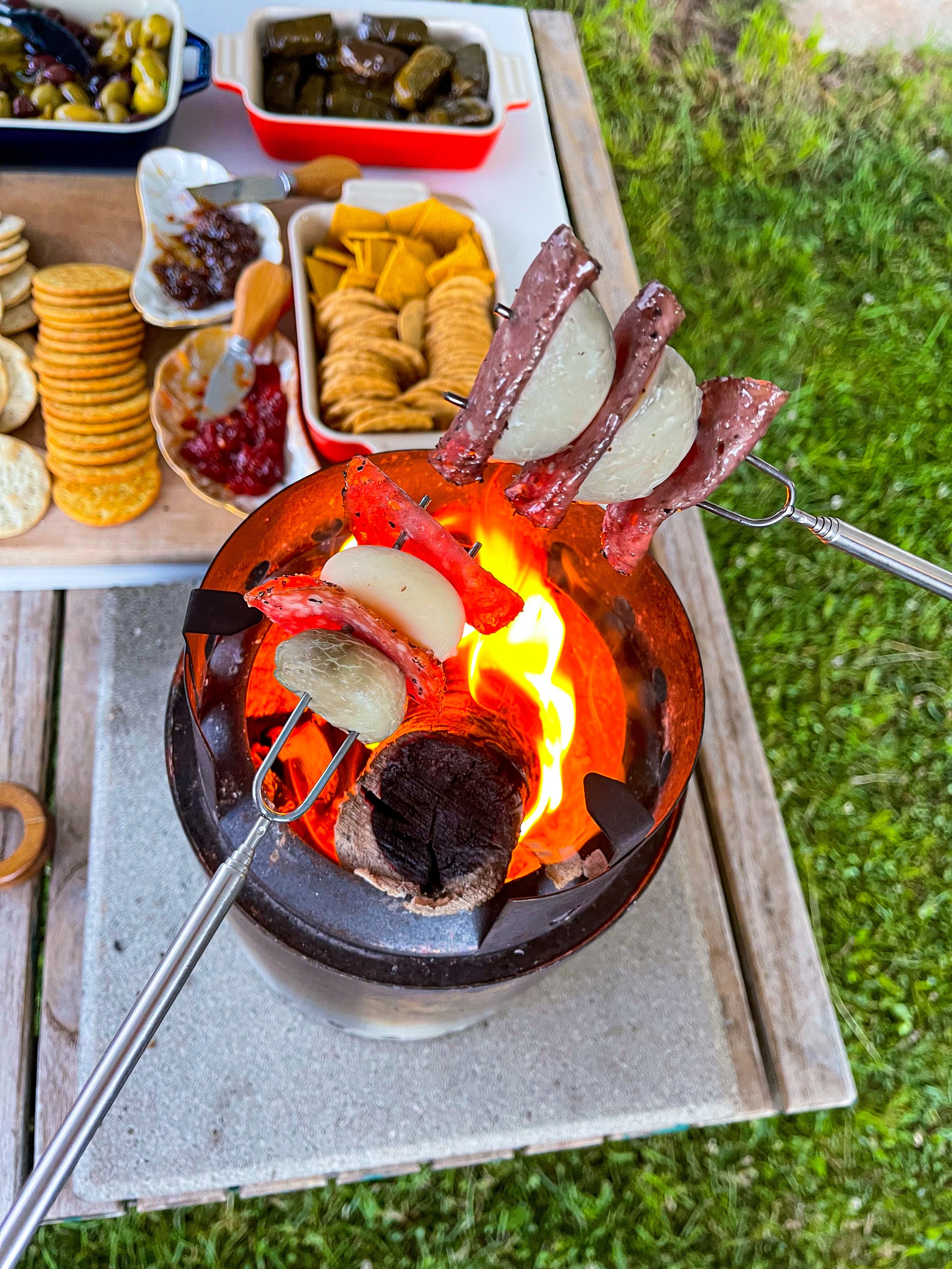 Savory s’mores with charcuterie, cheese, local jam, crackers