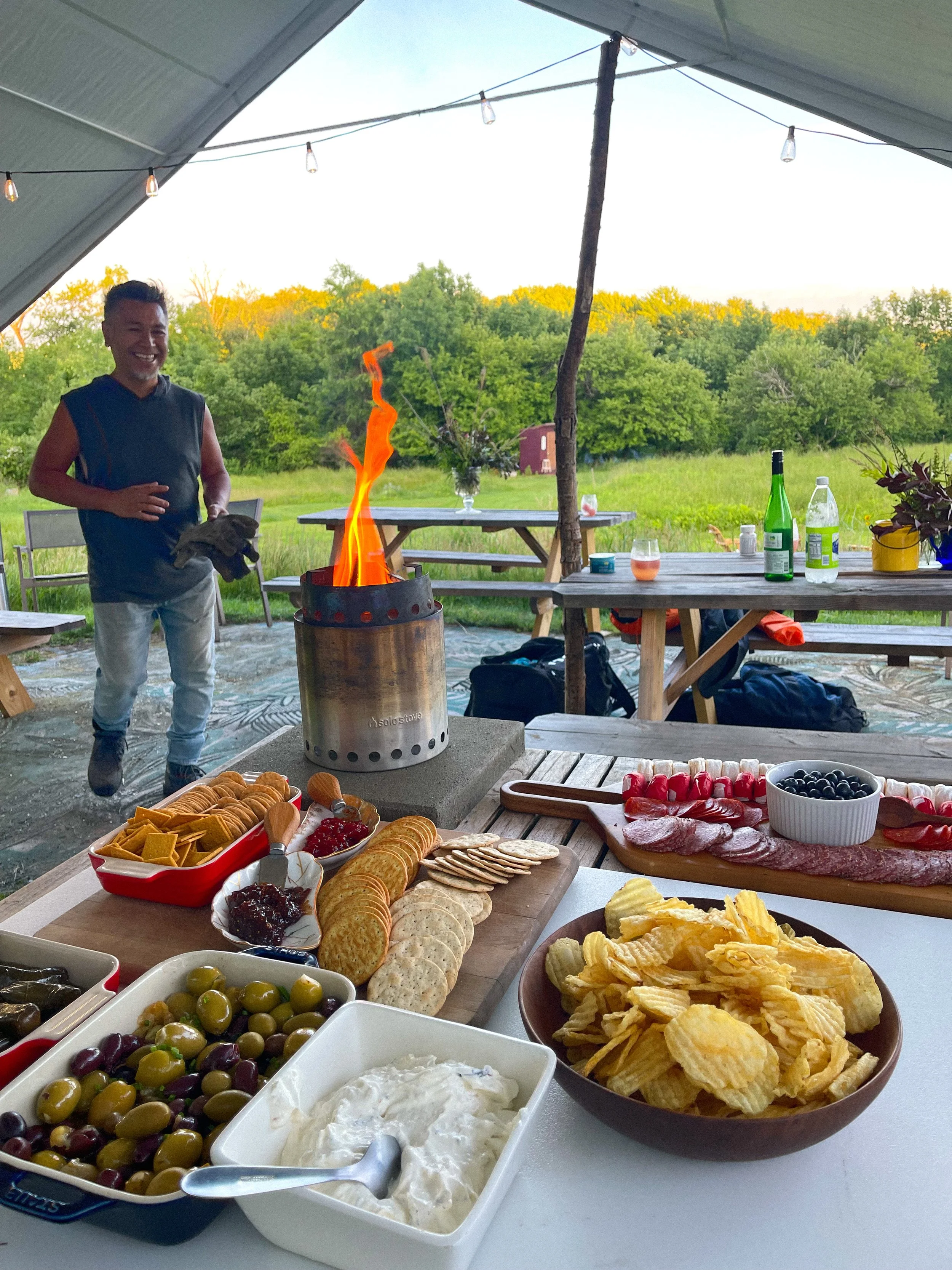 Savory s’mores with charcuterie, cheese, local jam, crackers, olives, and dolmas at Solstice Sizzle