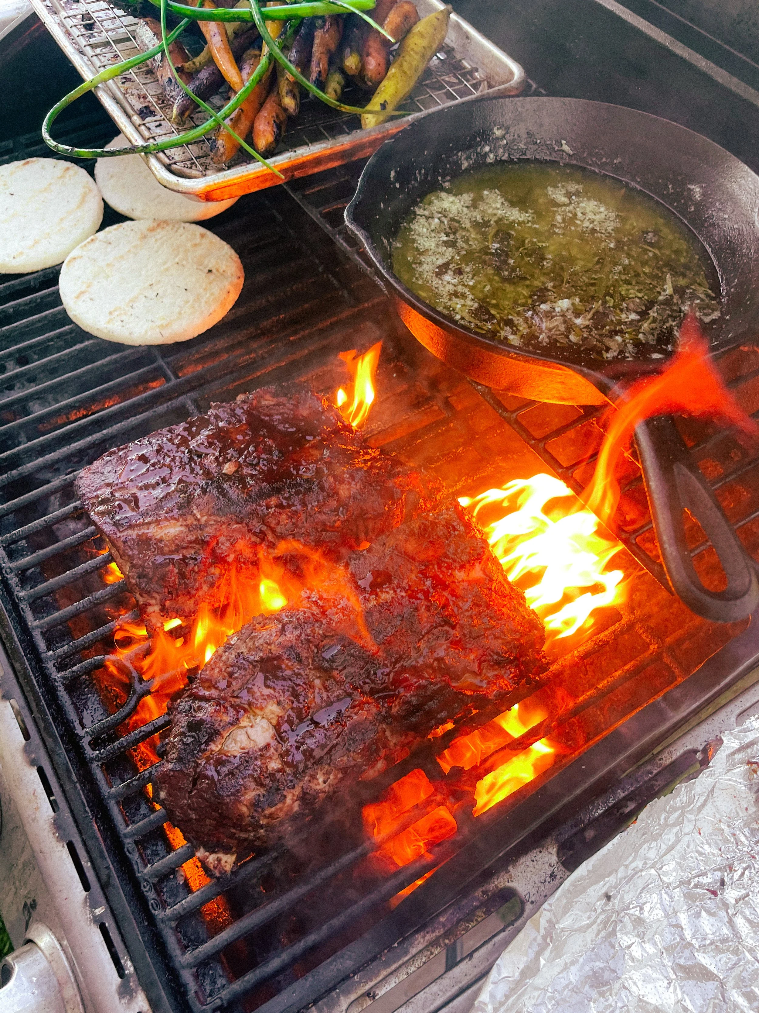 Ribs Carrots Arepas Garlic Scapes Herb Butter on the Grill for Saturday Dinner Solstice Sizzle 2026.JPG