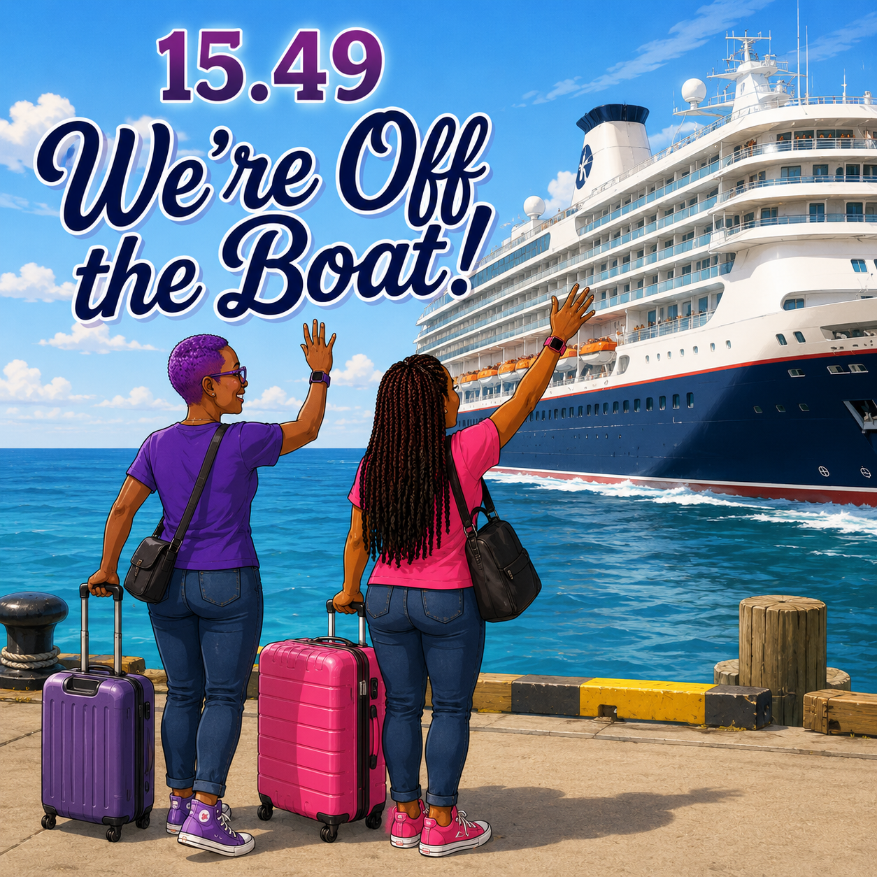 two Black women standing on a dock with rolling suitcases and waving at a cruise ship