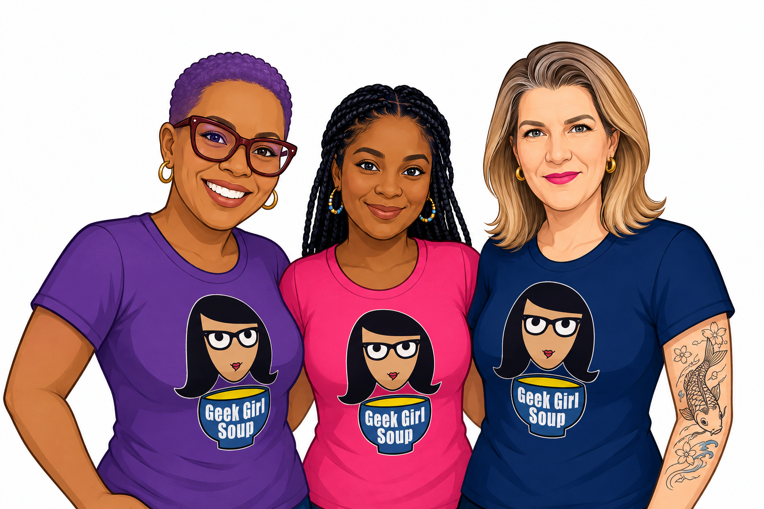 Two Black women and one white women wearing Geek Girl Soup t-shirts