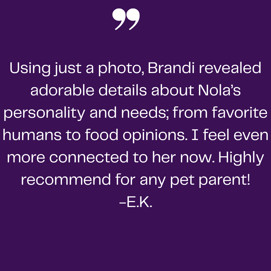 Smiling pet parent giving a testimonial for a pet psychic near me and animal communicator near me.  The reading offered dog communication with humans, messages from pets, and support and guidance.