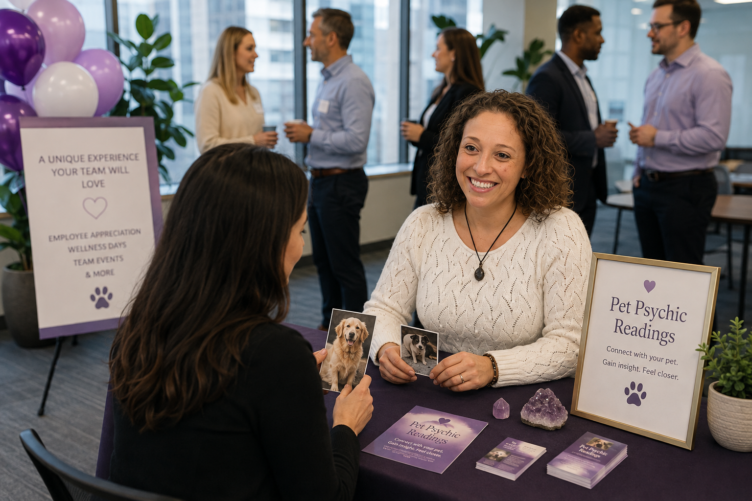 Brandi Van providing a pet psychic reading at a corporate employee event while an attendee shares photos of their pets.