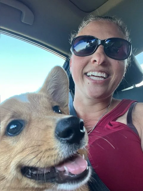 Pet communicator Brandi Van with a dog, offering in-person Pet Psychic Parties in Philadelphia and South Jersey.