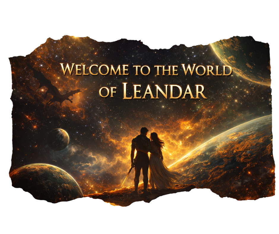 Welcome to the World of Leandar — a warrior and his mate beneath a golden cosmic sky