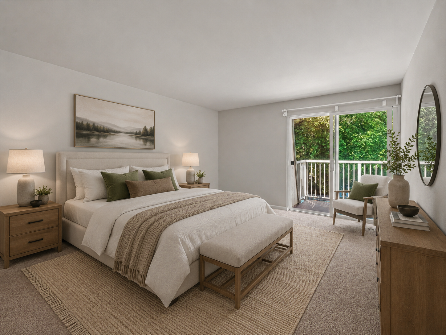 Primary bedroom with slider to back balcony with virtual staging for an alternate view