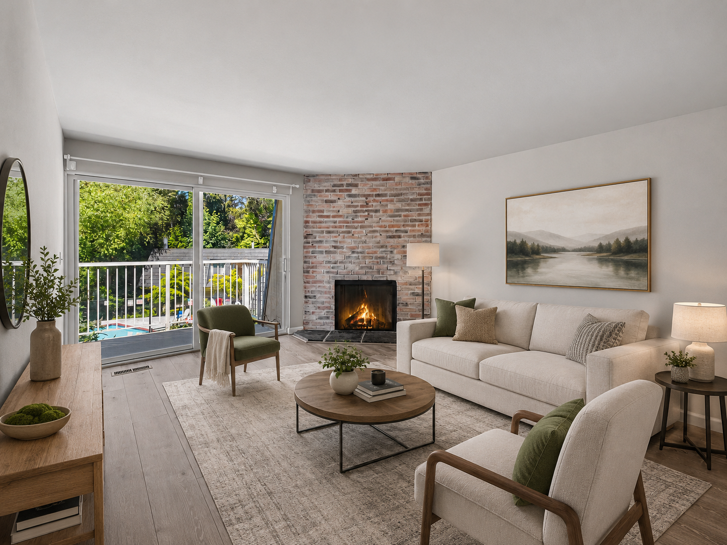 Living room with slider to back balcony virtually staged with couch on the right and area rug