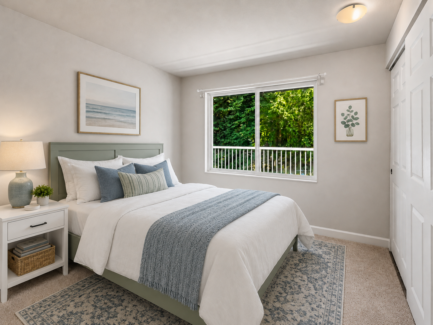 Bedroom 2 with view of pool and greenbelt virtually staged view 2 