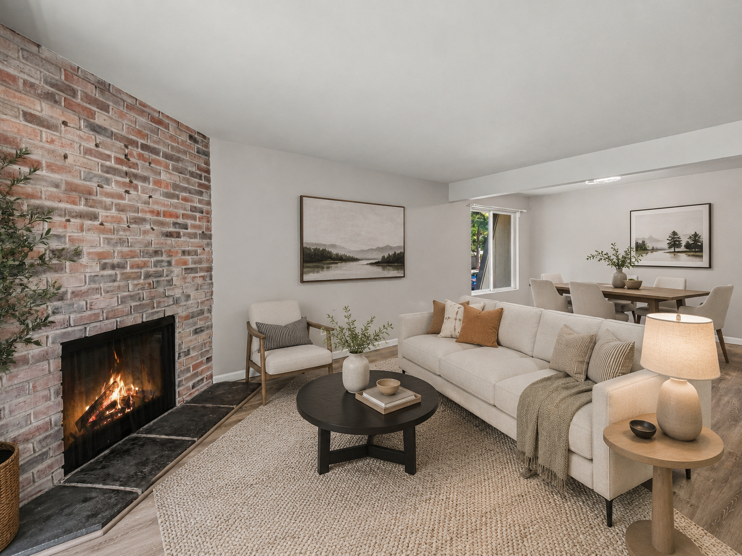 Living room with cozy fireplace looking towards dining area virtually staged as an alternative option with couch in the center of the room and dining table behind it