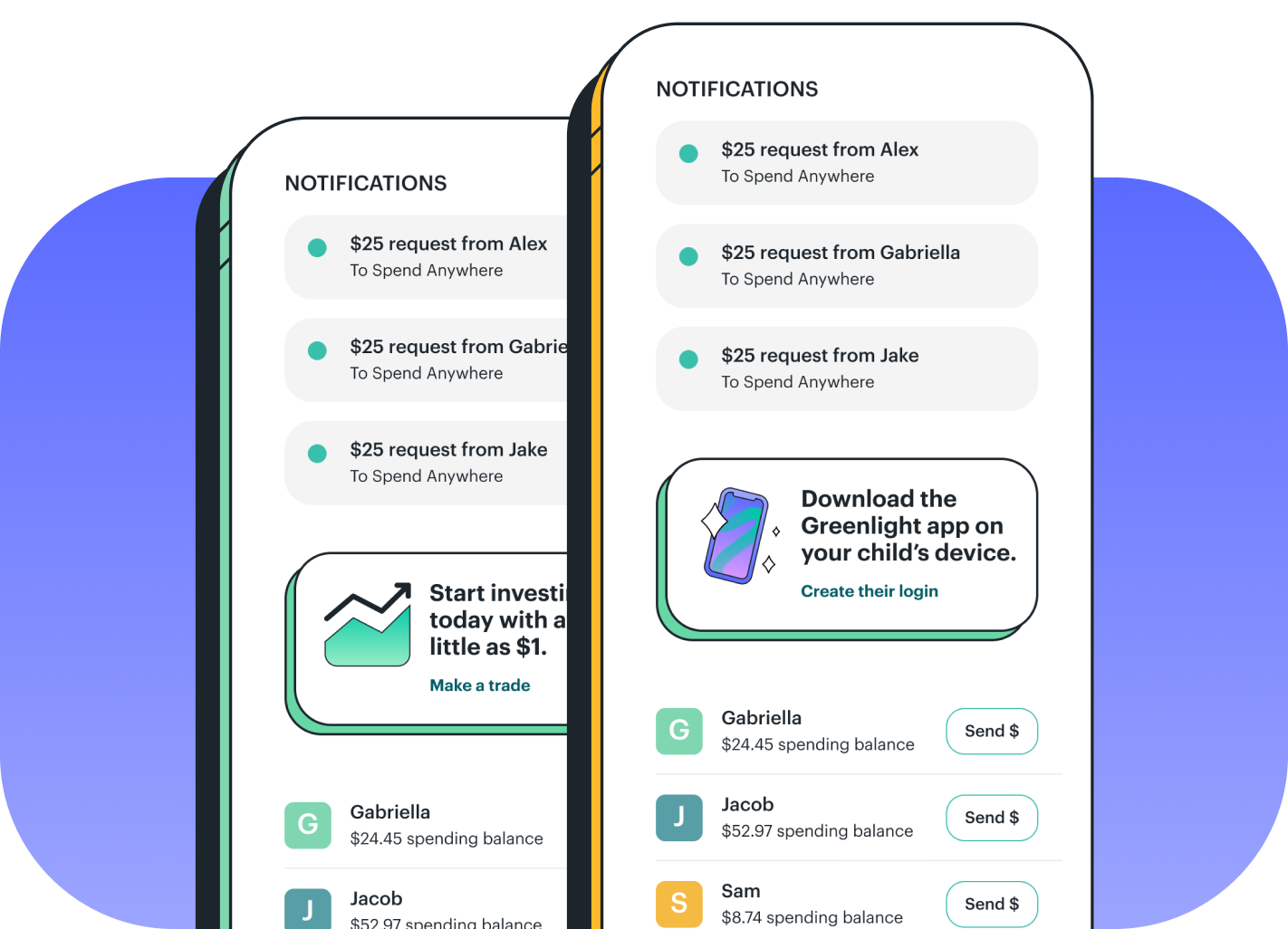Mobile app interface displaying financial notifications and features, including money requests and investment options. Users like Alex, Gabriella, and Jake appear with spending balances. A prompt to download the Greenlight app is visible.
