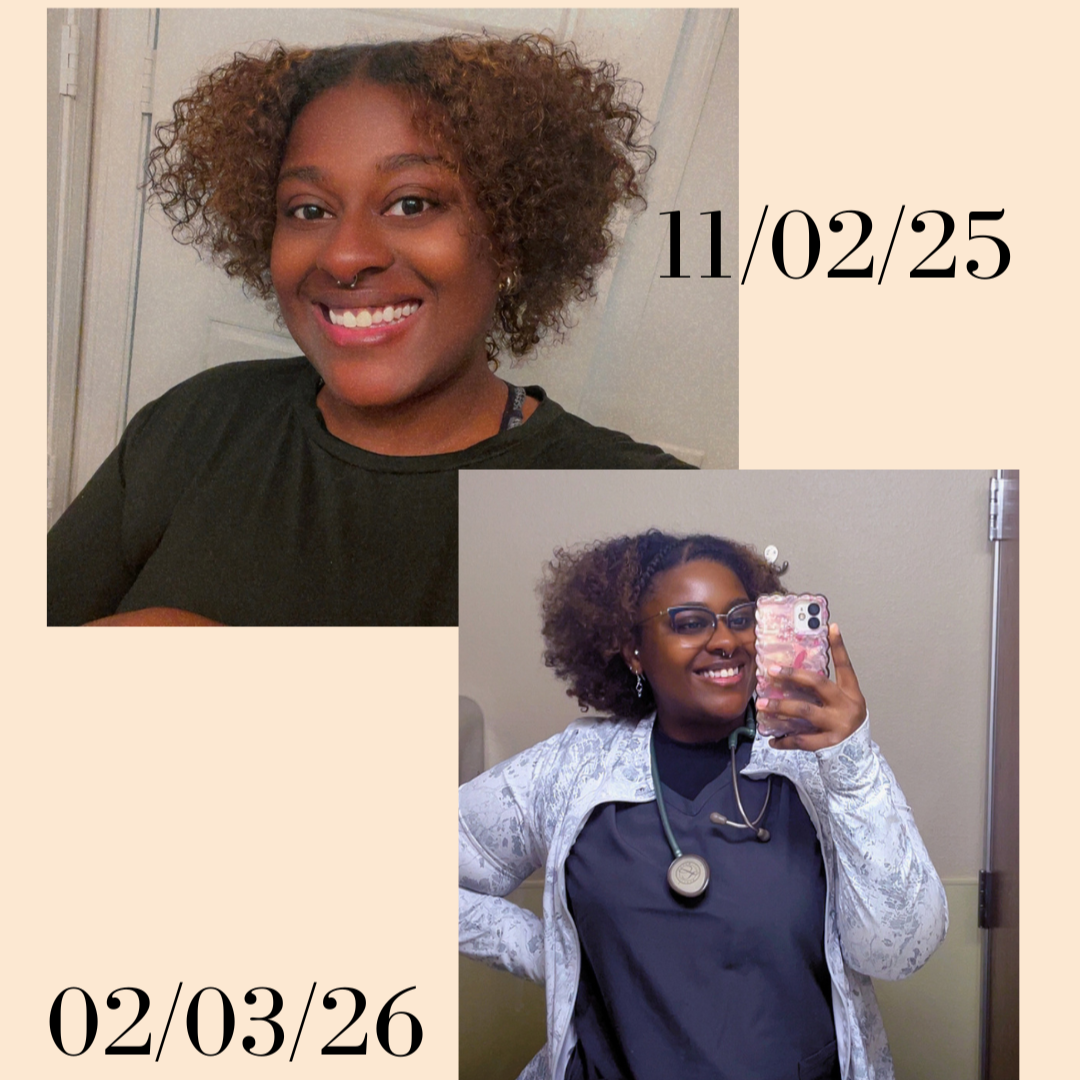 Two photos of a woman with curly hair. The first photo shows her smiling at the camera, wearing a black shirt. The second photo, taken in a mirror, shows her in medical scrubs with a stethoscope and glasses, taking a selfie. Dates '11/02/25' and '02/03/26' are displayed, indicating different times.