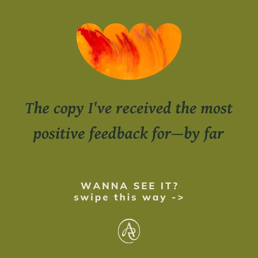 Feel free to swipe and use!

ID: two slides in a carousel. Slide one is an olive green with an orange painterly shape and text that reads &quot;The copy I've received the most positive feedback for&mdash;by far. Wanna see it? Swipe this way&quot;

Sl