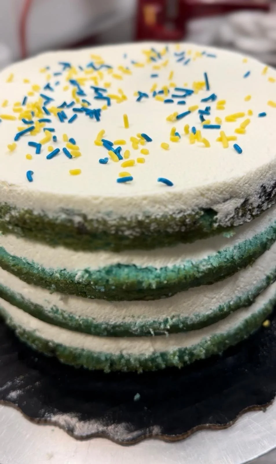 Lemon Blueberry Cake, Vanilla Whipped Cream Icing, Yellow & Blue Sprinkles