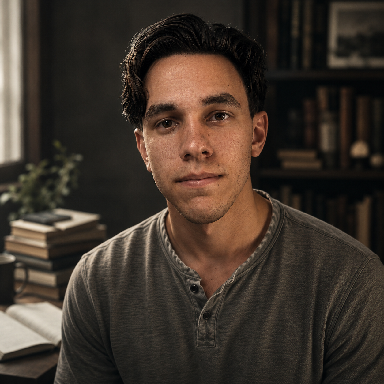 Portrait of Joshua Fraley in a writing study setting