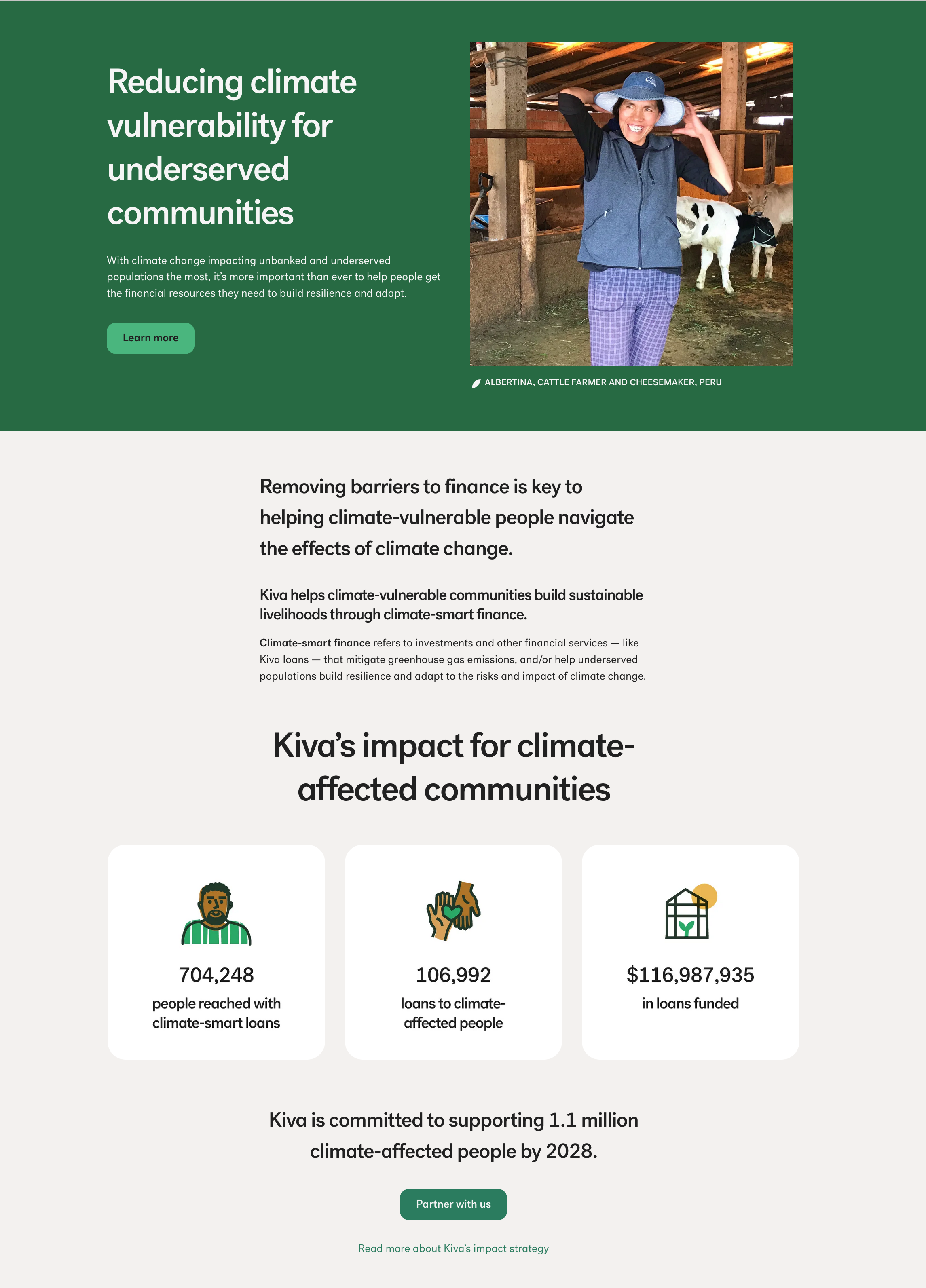 Landing page to support and communicate Kiva's work reducing climate vulnerability for communities impacted by climate change.