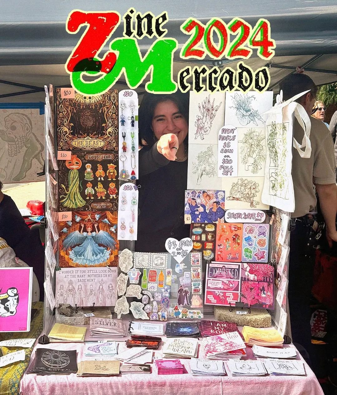 It only took 3 years of tabling @zinemercado for me to finally weigh my things down with a concrete chunk, 2 tiles from the backyard, and a piece of road debris.
I don't feel more welcomed at any other event than at zinemercado 🎀❤️&zwj;🔥 always loo
