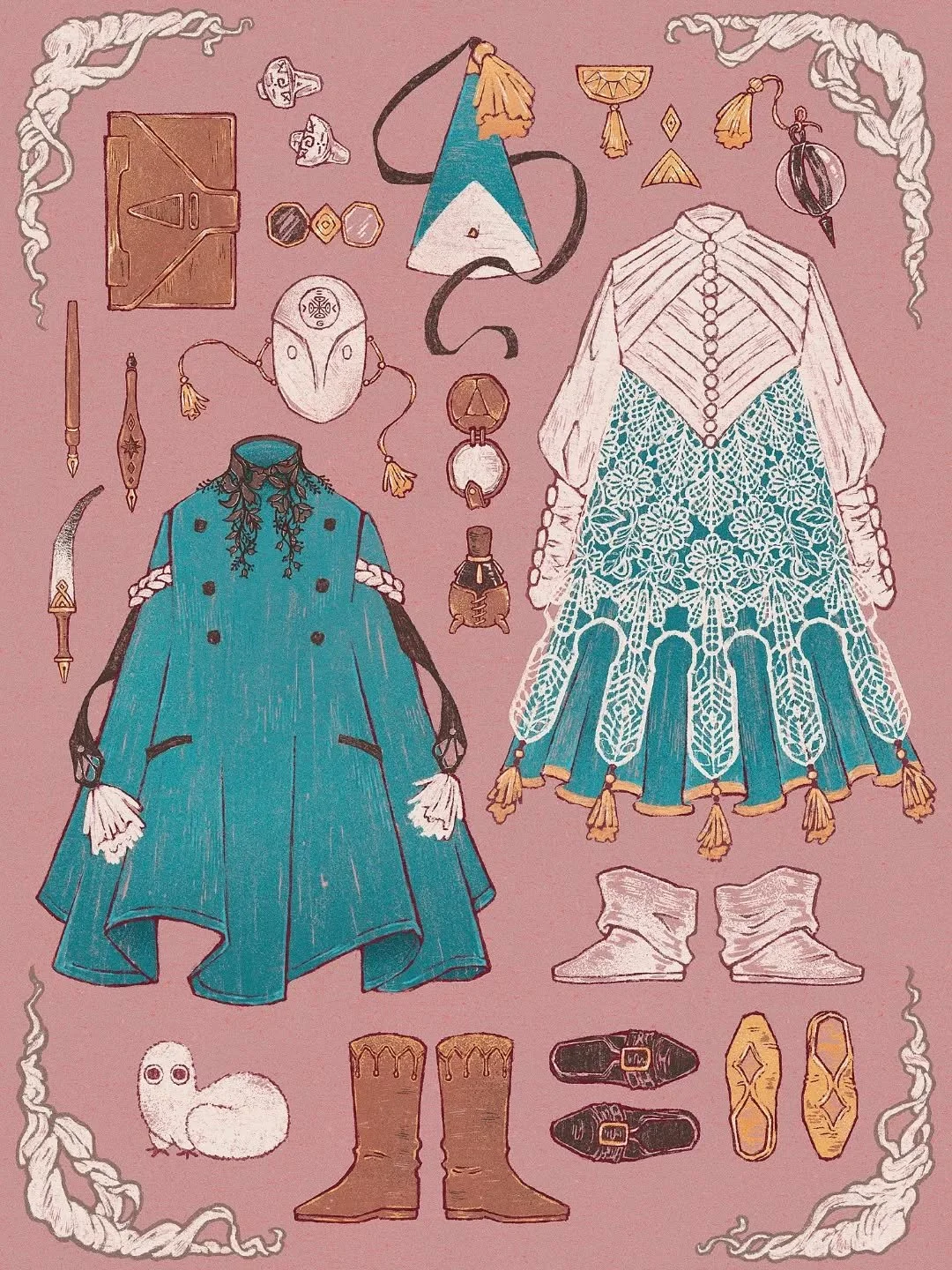 The fashion in general but also the way fabric is drawn with so much weight and movement has made me clench my fist its so good to look at 
.
.
My favorites of the kids off the top of my head are definitely Coco and Custas 😔
.
.
#witchhatatelier #co