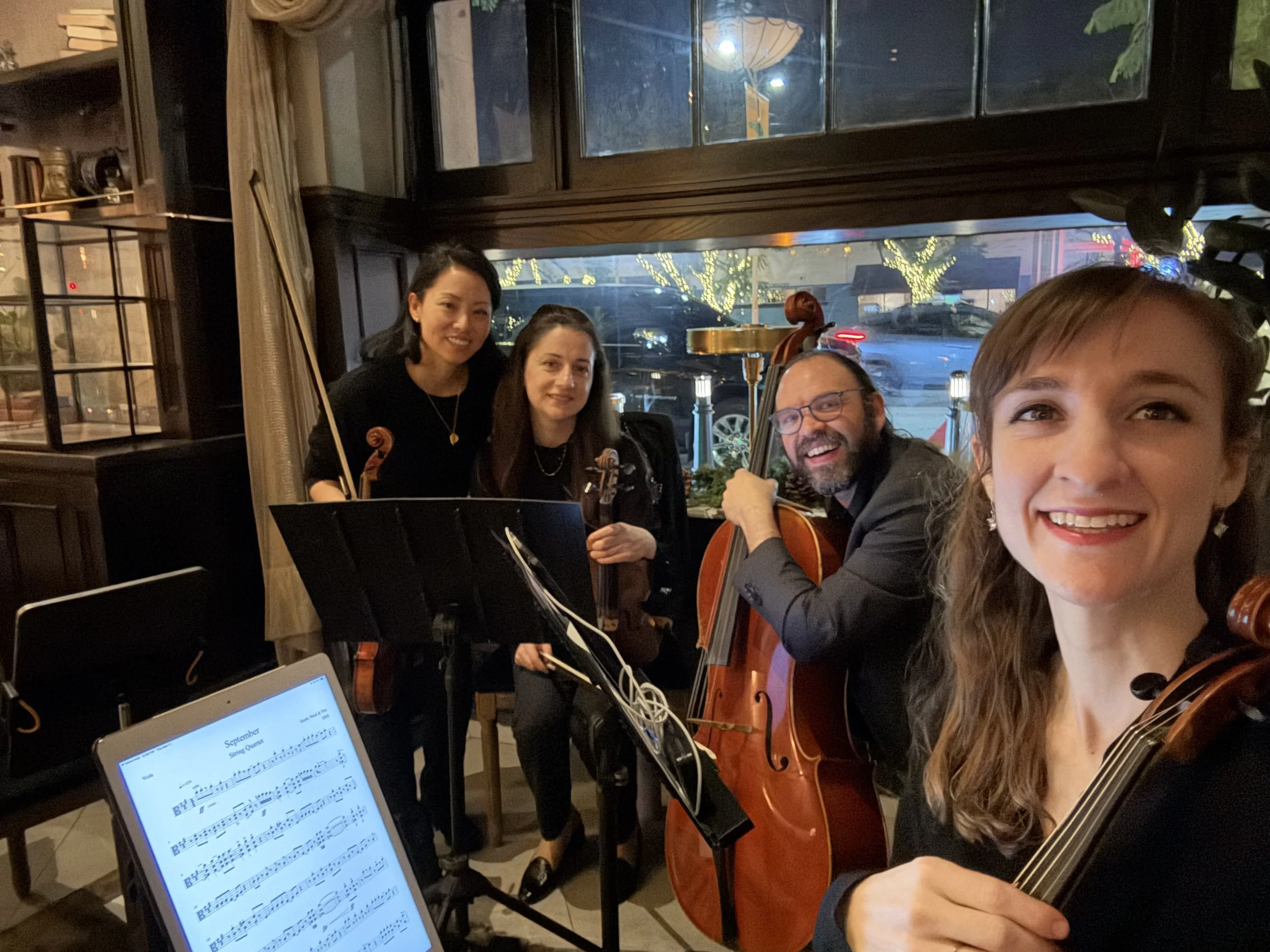 LA String Quartet, Subito Strings, playing "Bridgerton-style" classical-pop music inside the historic Culver Hotel.