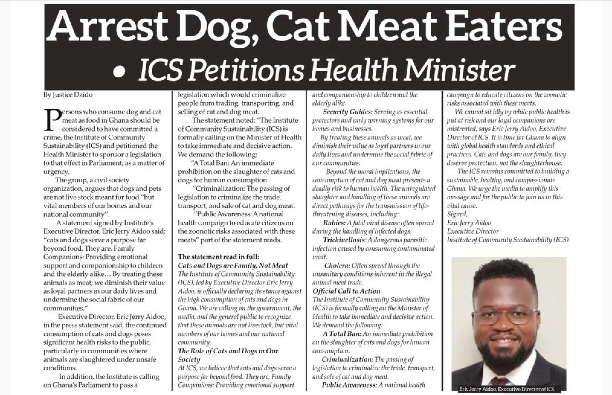 ICS demands a total ban of the consumption of  Cats and Dogs 