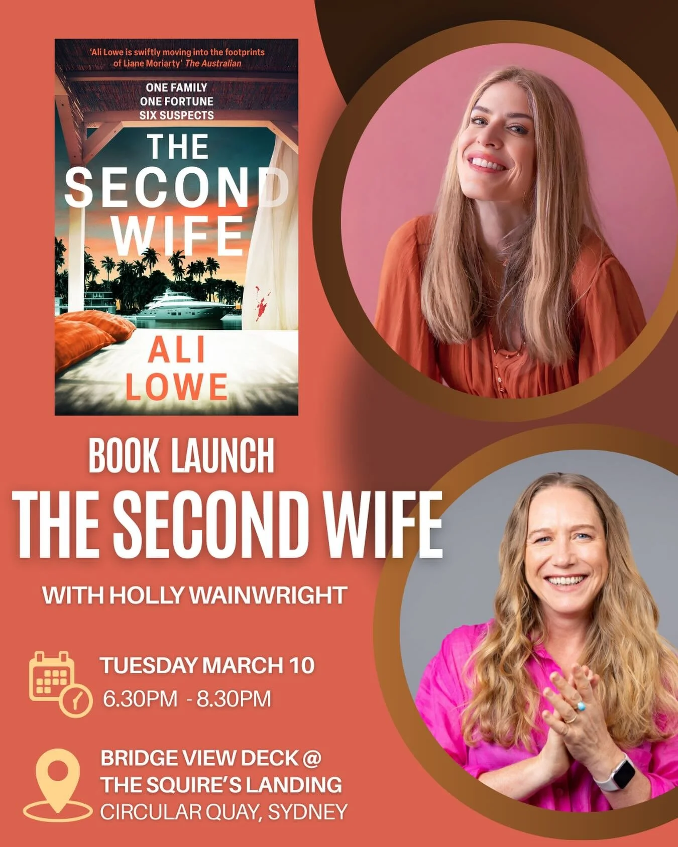 Sydney folk, I&rsquo;m launching THE SECOND WIFE alongside my old pal @wainwrightholly at Circular Quay in Sydney on Tuesday March 10. Please come along! There will be cocktails, a real life cruise ship outside the window, and of course the wonderful