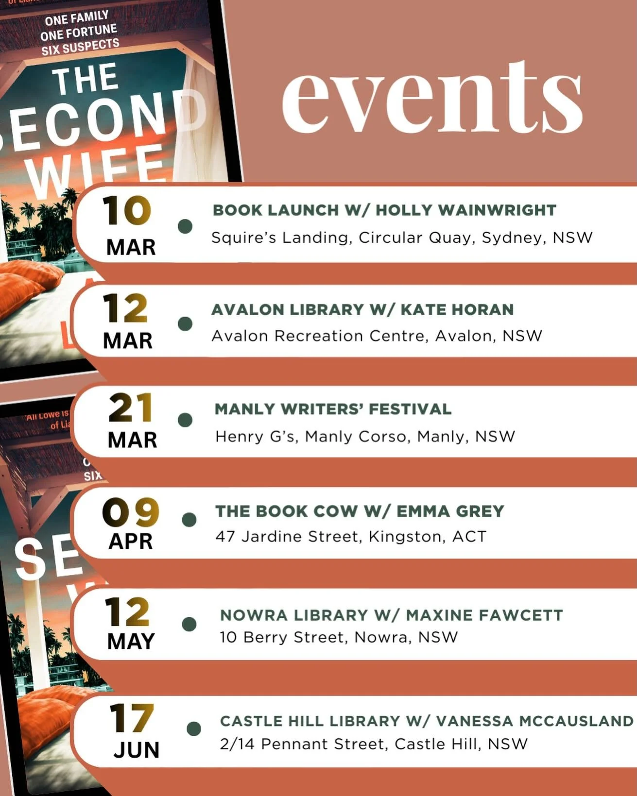 Places I&rsquo;ll be chatting about The Second Wife. Come along if you want to hear about murder on the high seas and cruise ship morgues - or just come for a nice chinwag and a cupcake!
These are all the events planned for now (sorry!) but I&rsquo;m