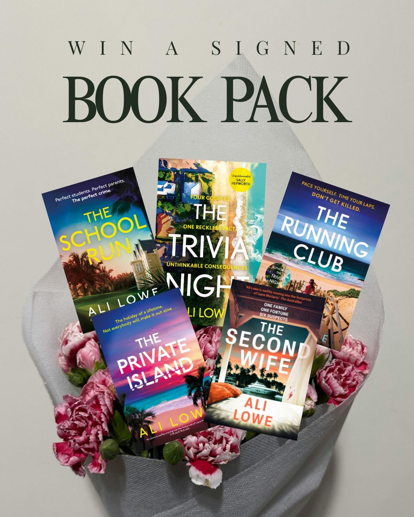 Would you like to win a signed Mother&rsquo;s Day Book Pack? You&rsquo;ll get copies of:

🕺🏼THE TRIVIA NIGHT
🏃🏼&zwj;♀️ THE RUNNING CLUB 
🎓THE SCHOOL RUN
🏝️ THE PRIVATE ISLAND
🚢 THE SECOND WIFE

(Flowers not included - I&rsquo;m not sure they&r