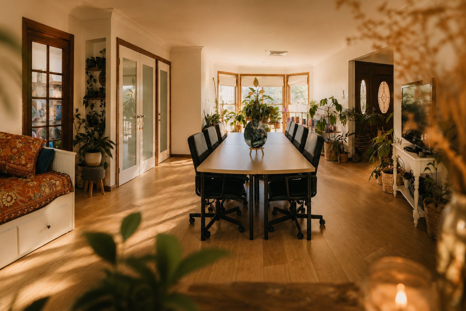 Dining room with a long table surrounded by black chairs, filled with natural light from large windows, decorated with indoor plants and a central decorative stone on the table.