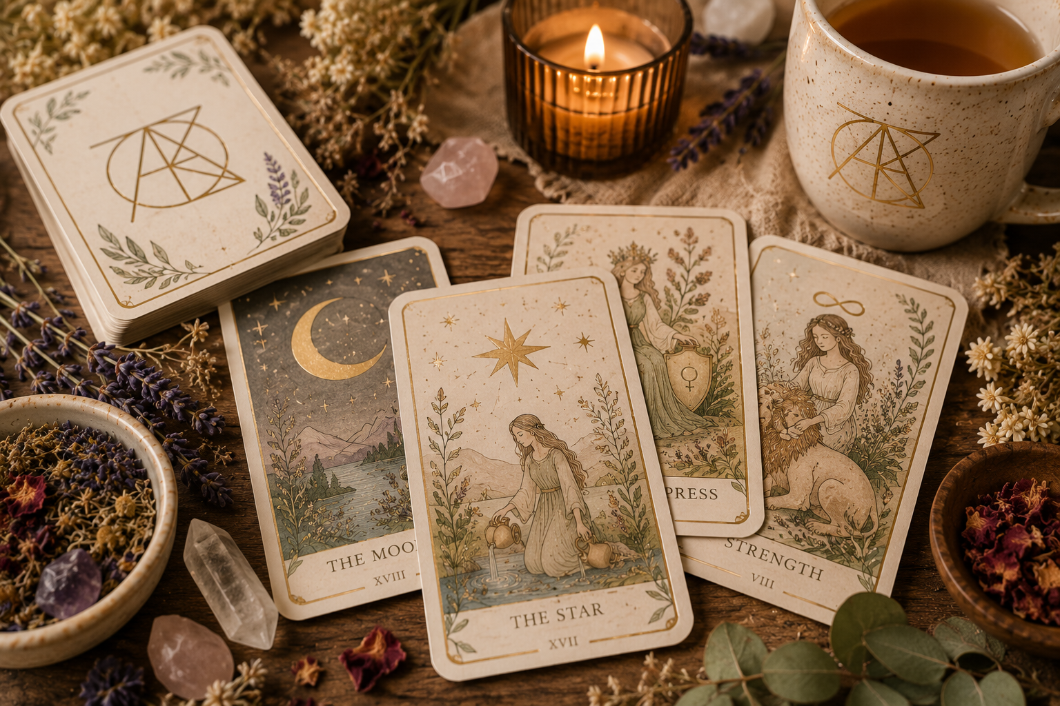A tarot card reading setup with tarot cards, dried flowers, crystals, a lit candle, a cup of tea, and botanical decorations on a wooden surface.