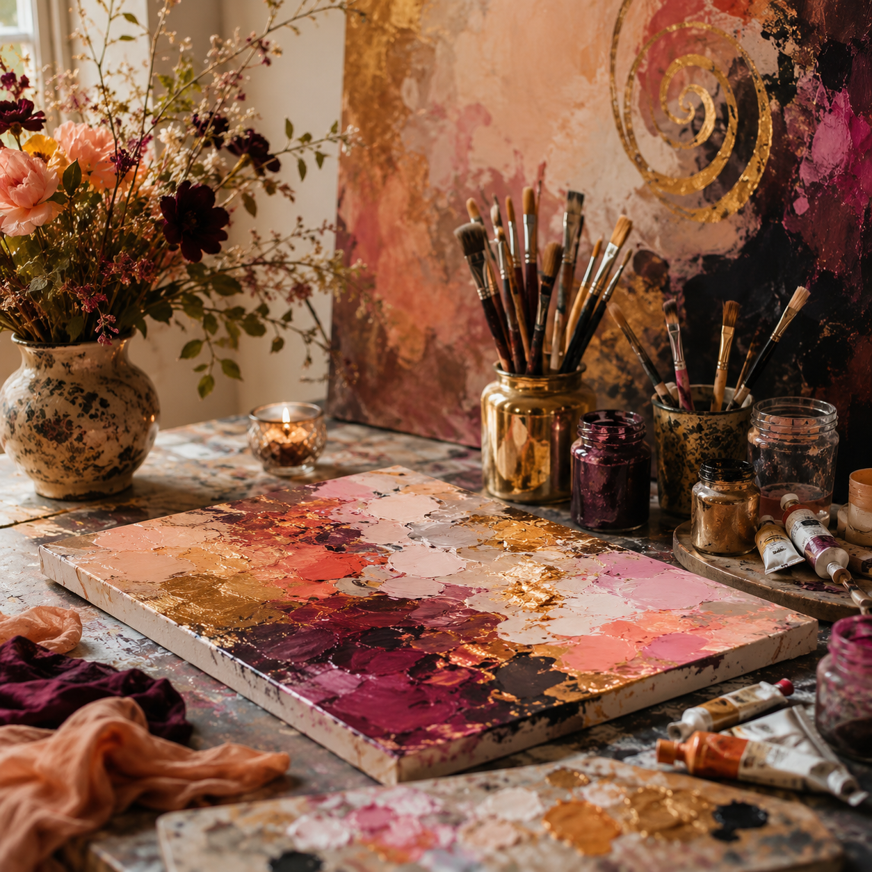 An artist's studio with a painting workspace. A large canvas with abstract pink, gold, and dark red paint, surrounded by various paint tubes, brushes, jars, and a bouquet of flowers in a decorative vase. There is a lit candle and another smaller painting or canvas in the background.
