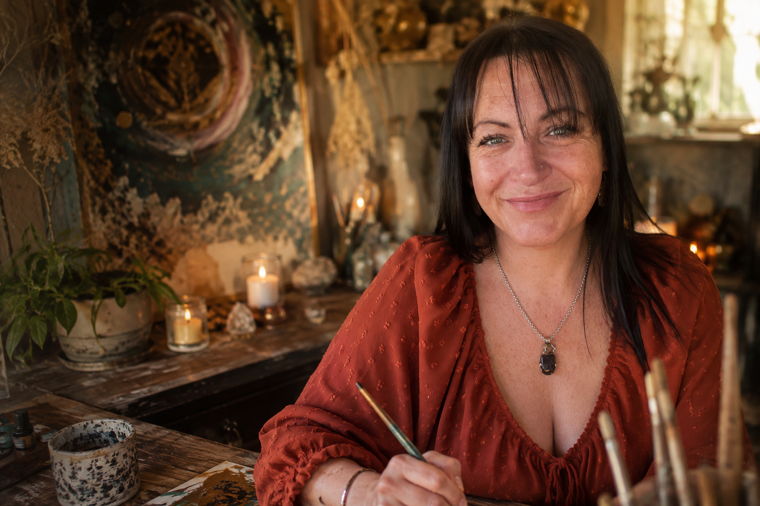 A woman with black hair and light skin, wearing a rust-colored blouse and a necklace with a black pendant, smiling while holding a paintbrush in her right hand. She is seated at a arts and crafts table with various art supplies, candles, and plants, in a warmly lit room decorated with artwork and dried flowers.