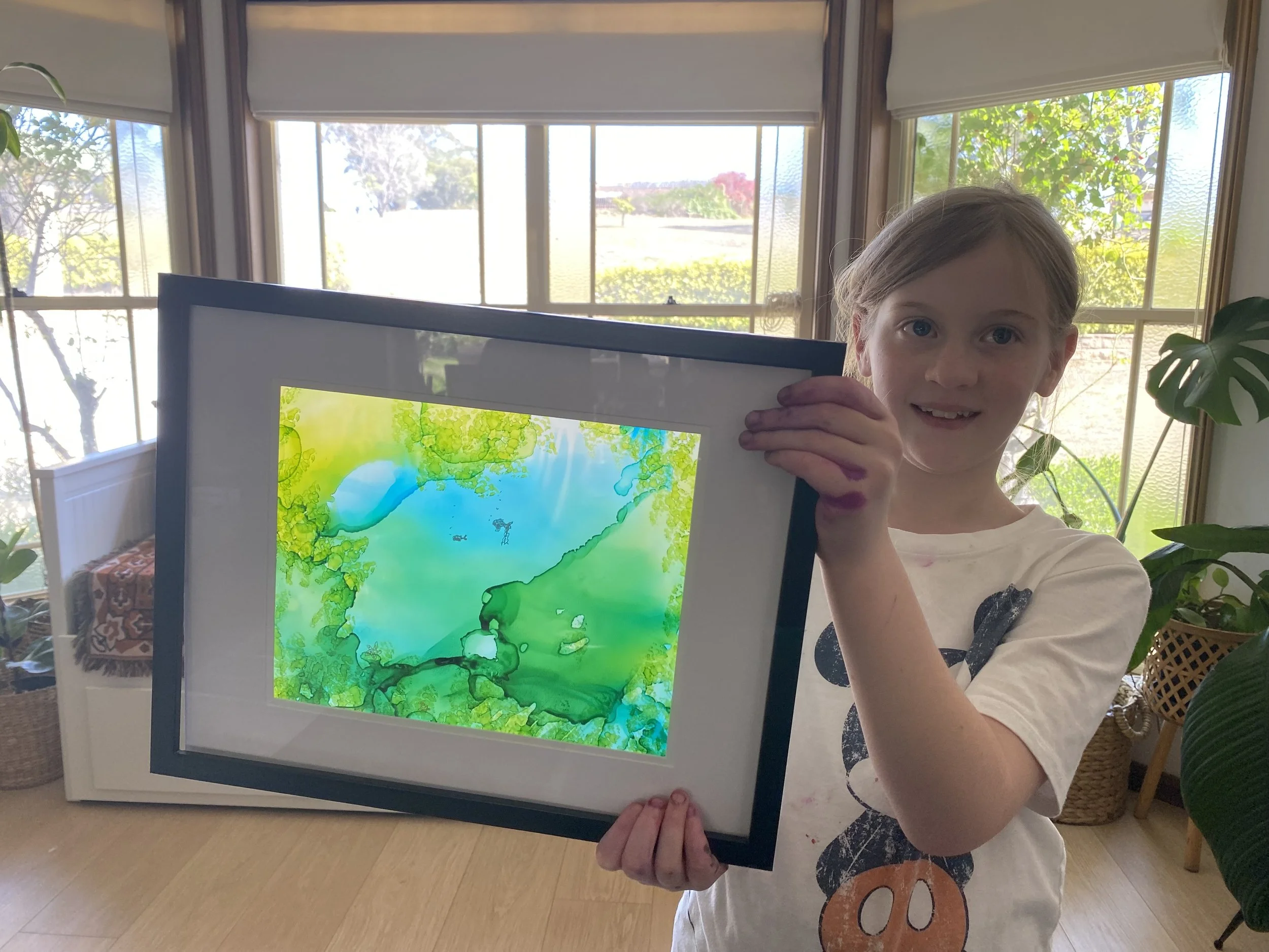 Ava showing off her Grammy's Magical Artwork  |Ink Alchemy Workshop 