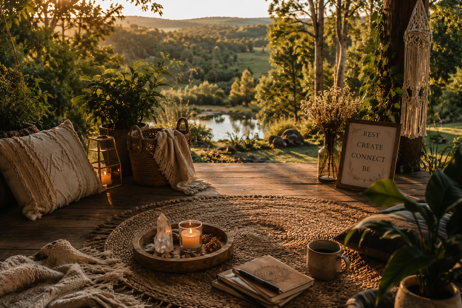 A cozy outdoor setting with cushions, candles, and books on a wooden deck, overlooking a lake and lush landscape at sunset.