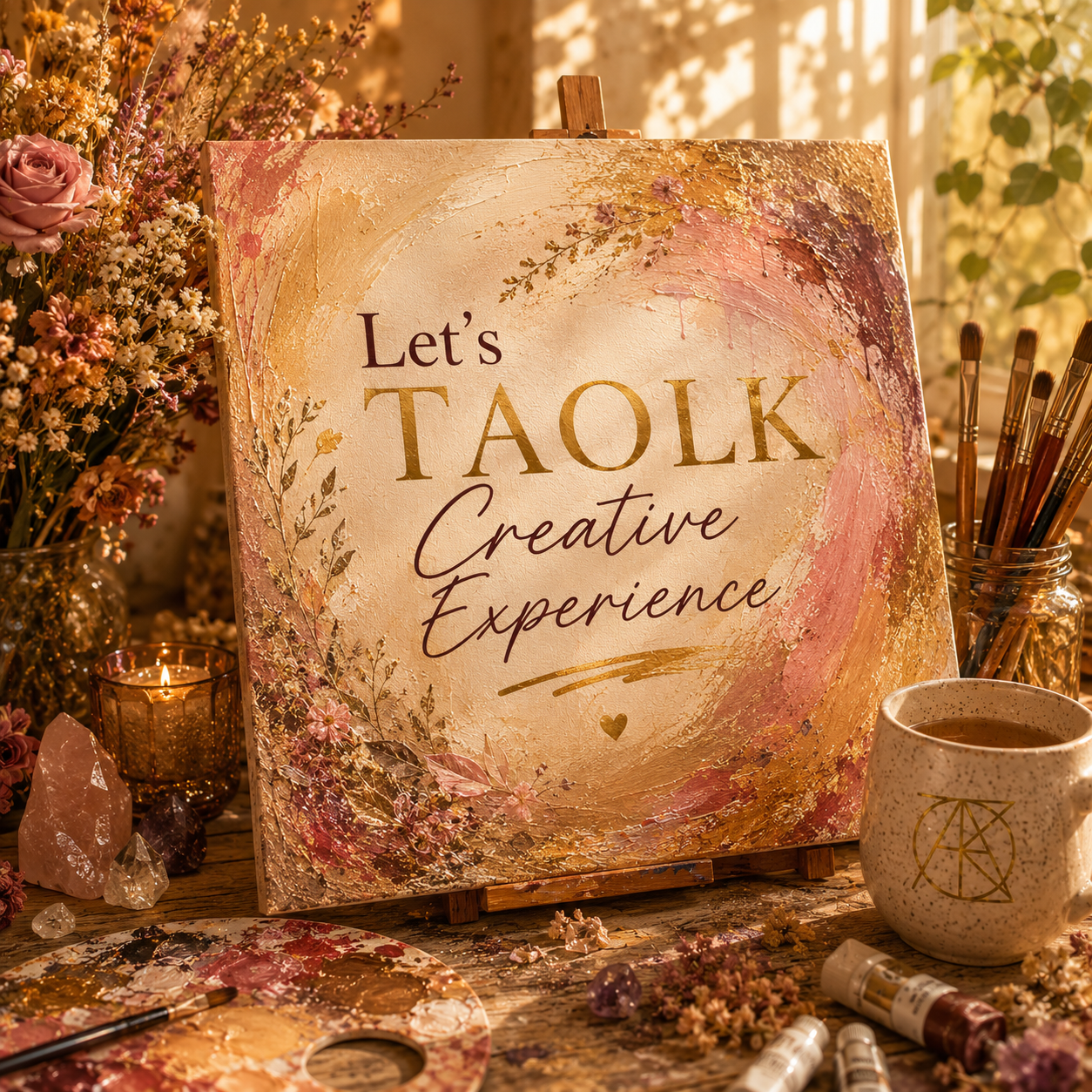 Decorative sign reading 'Let's Talk Creative Experience' surrounded by flowers, paint supplies, candle, and a mug on a wooden table with a warm, softly lit background.