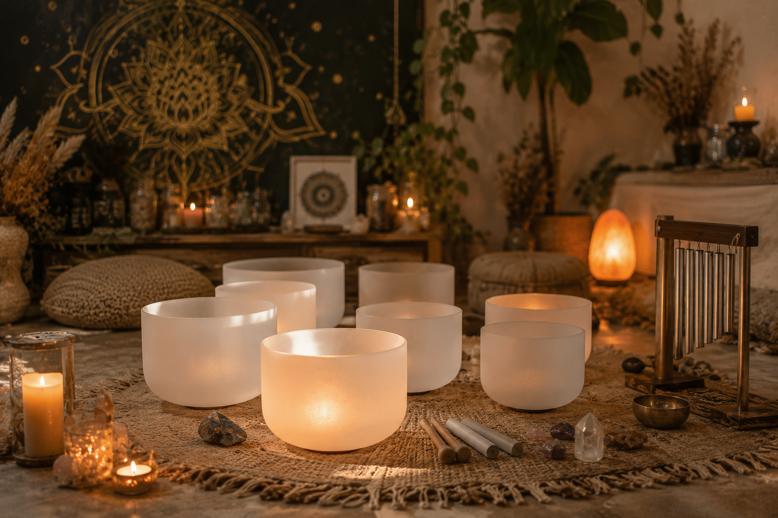 A cozy room with large, glowing crystal singing bowls arranged in a circle on a woven rug, surrounded by candles, crystals, and musical chimes, with bohemian decor and plants in the background.
