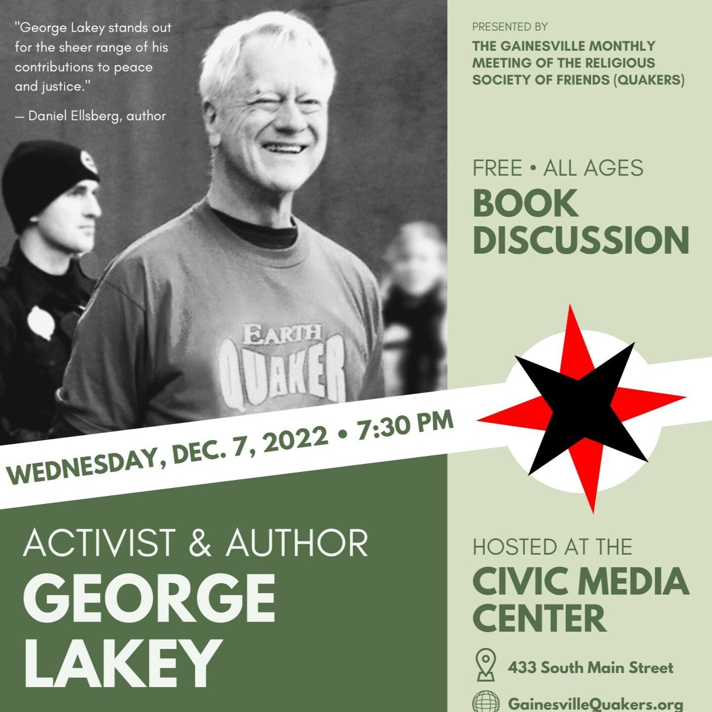 George Lakey, a remarkable organizer, activist, author, and university professor, will speak at the CMC at 7:30 p.m. on Wednesday, Dec. 7. 

Lakey was a leader in the Civil Rights movement in the 1970s and continues to inspire and lead on issues incl
