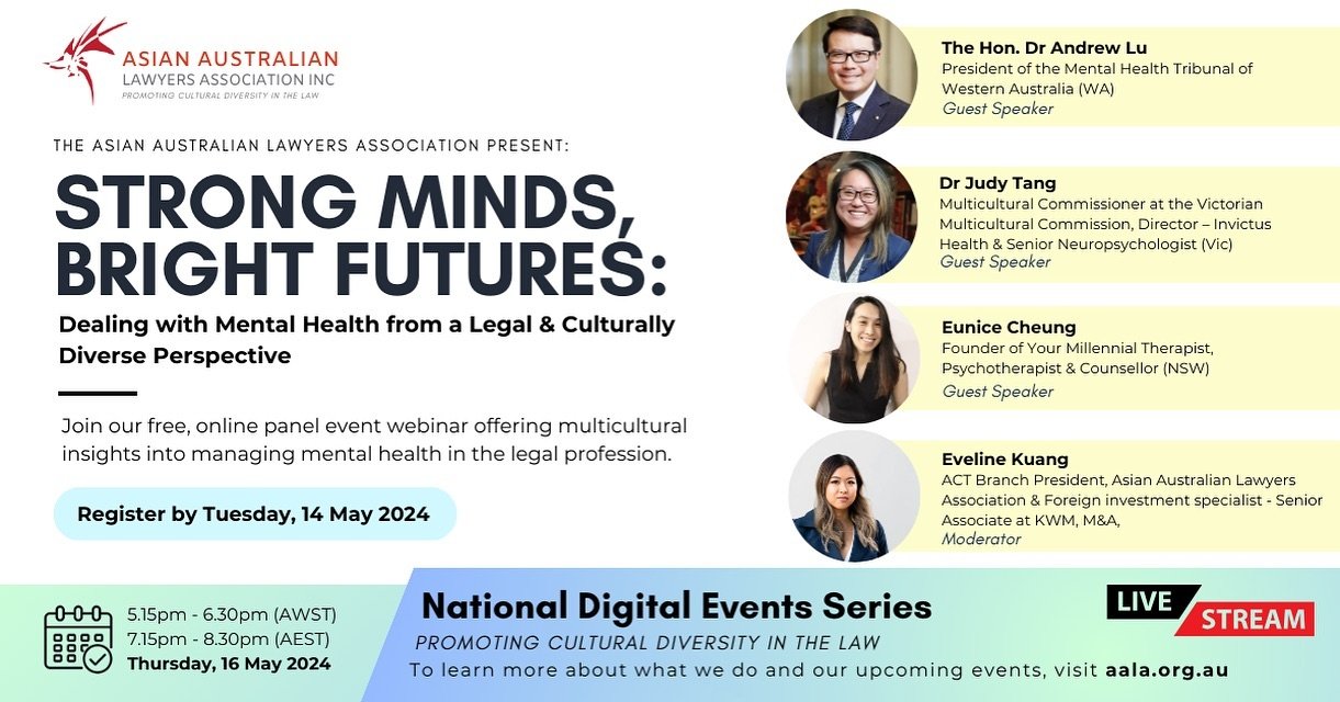 Exciting announcement 📣 

Join us for a valuable discussion on how culture affects our approach to work in the Law profession &amp; in managing Burnout &amp; ways to navigate through it ❤️

I will be joining the Asian Australian Lawyers Association 