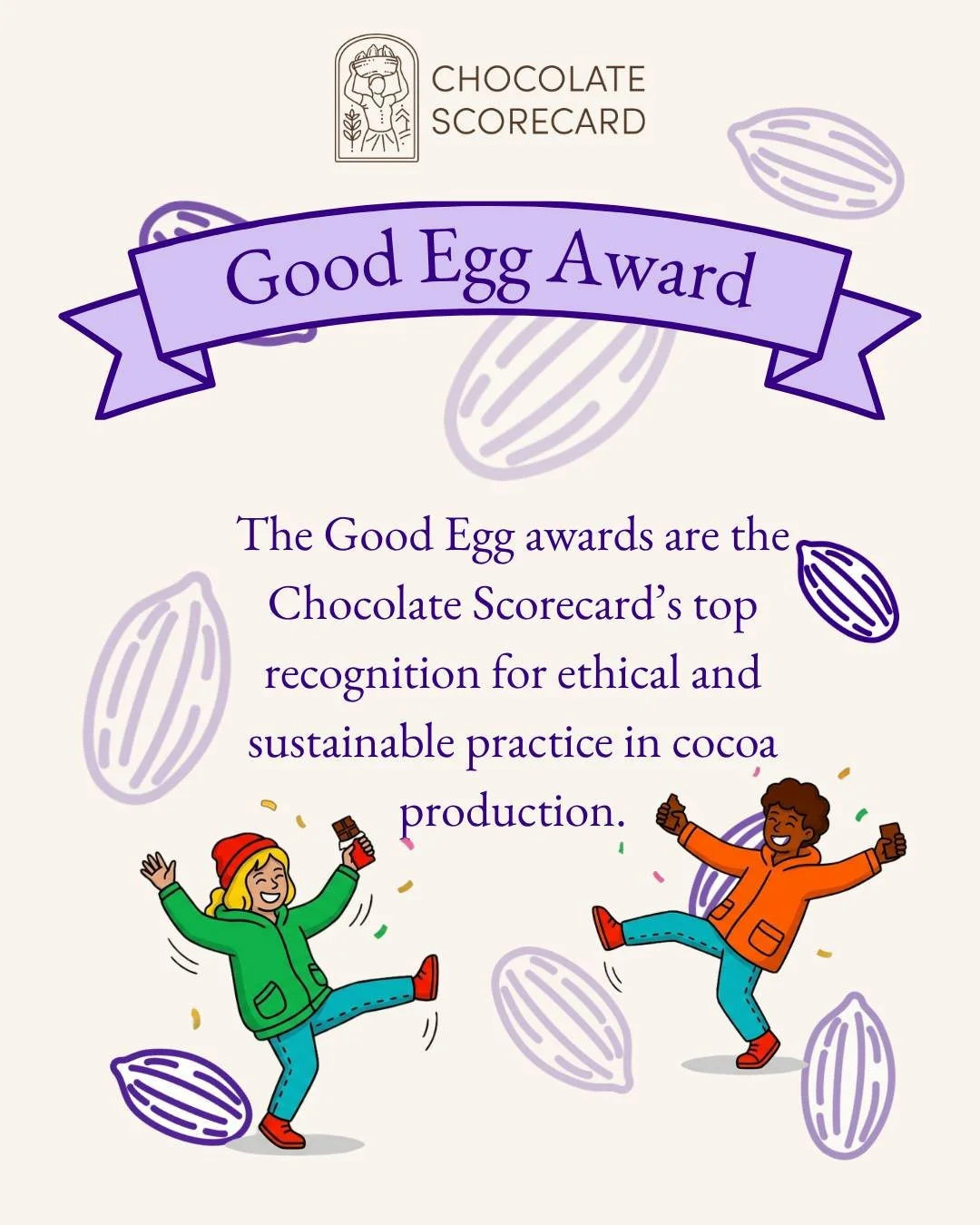The 2026 Good Egg awards are in.

Large company: HALBA &mdash; the first large company in Chocolate Scorecard history to score green in every category.
Small company: Original Beans &mdash; the highest overall score of any participating company.
Reta