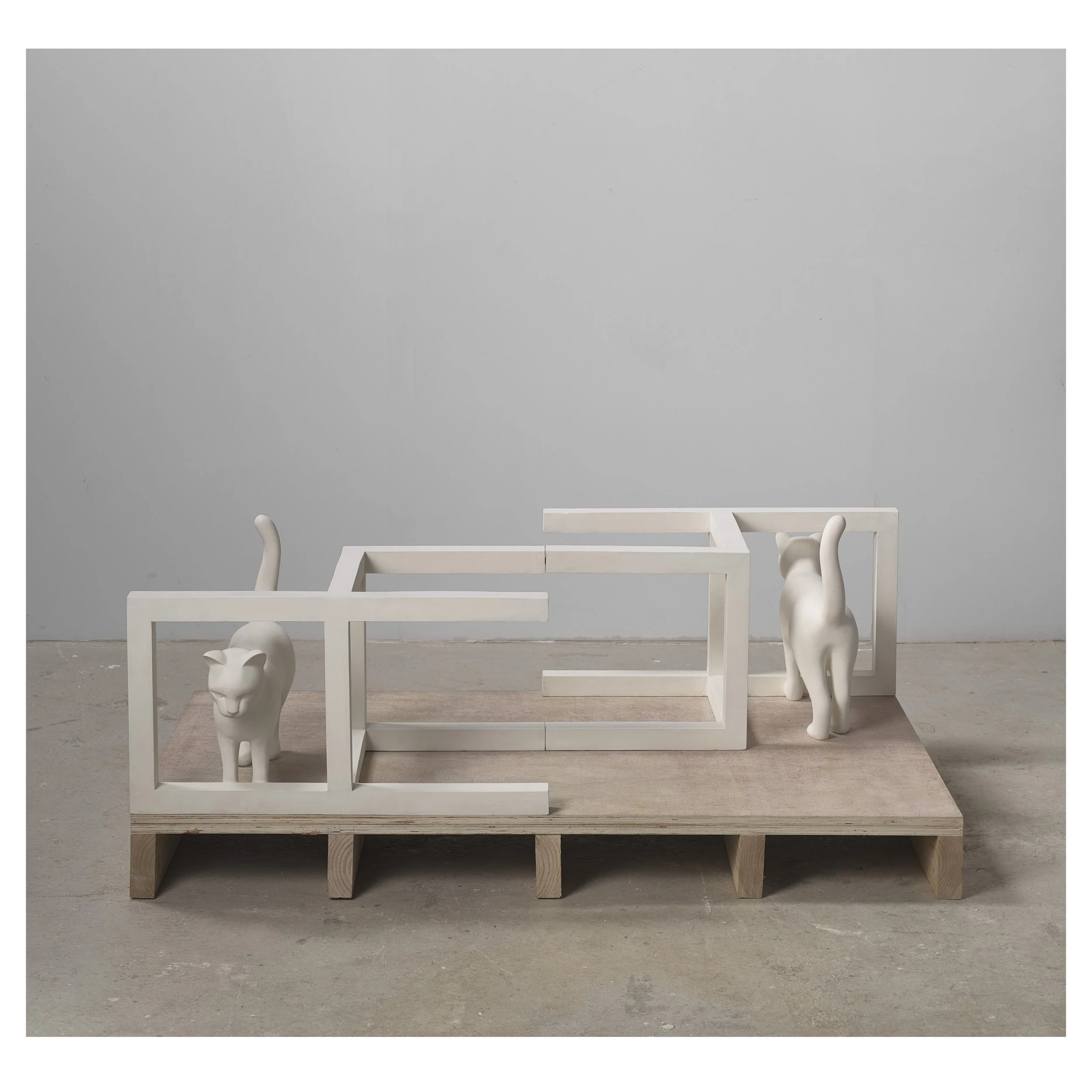 Cats and Chairs, 2022, resin, wood, paint, 25 x 83 x 151cm
