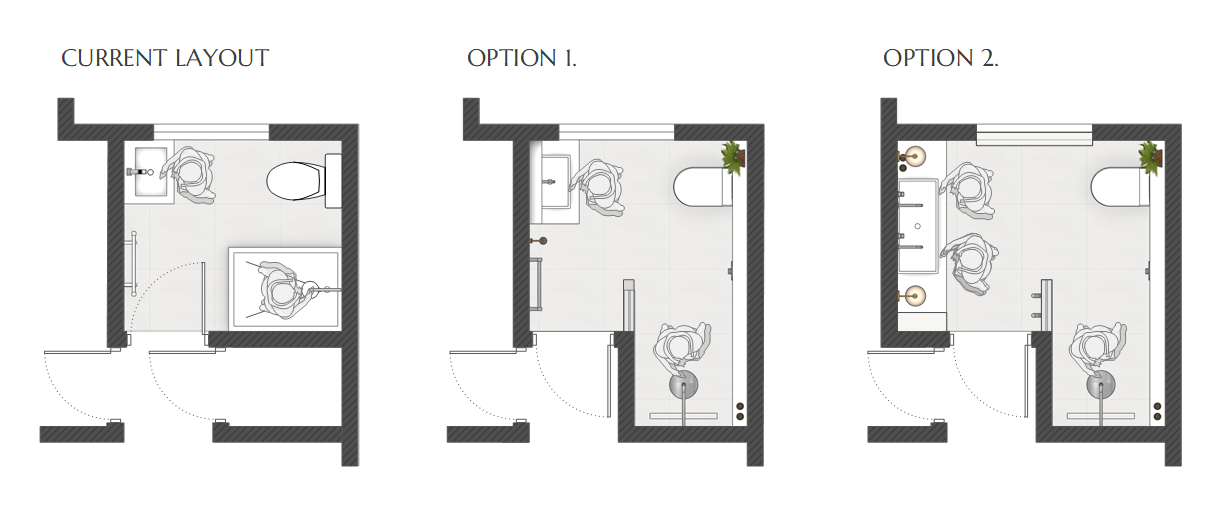 Bathroom layout review showing two wet room floor plan options