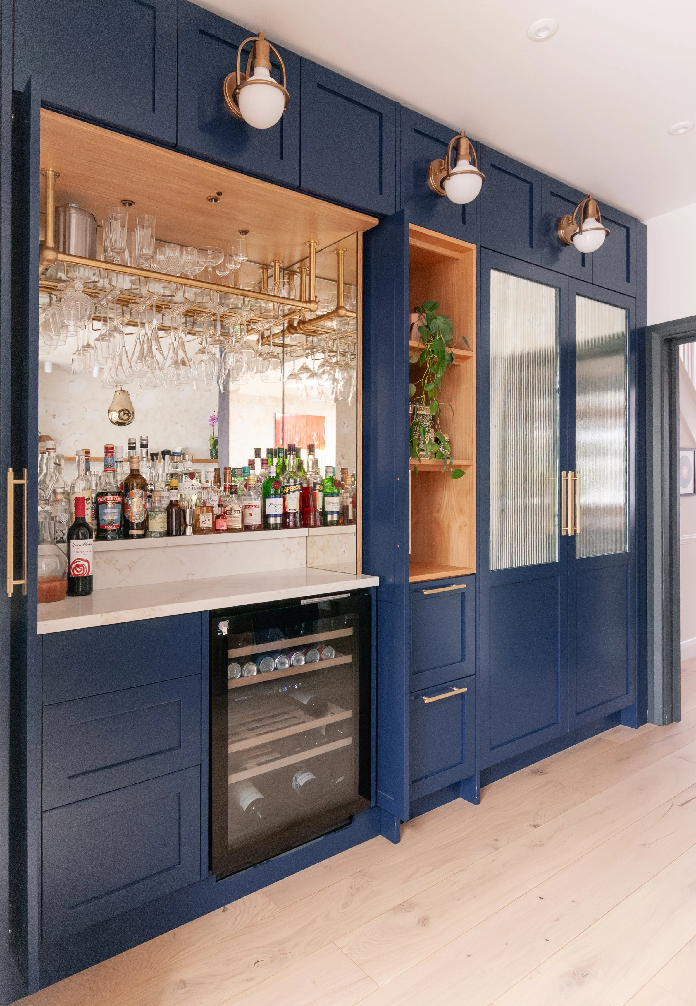 Oak, brass and quartz home bar with integrated wine fridge in bespoke Beckenham kitchen