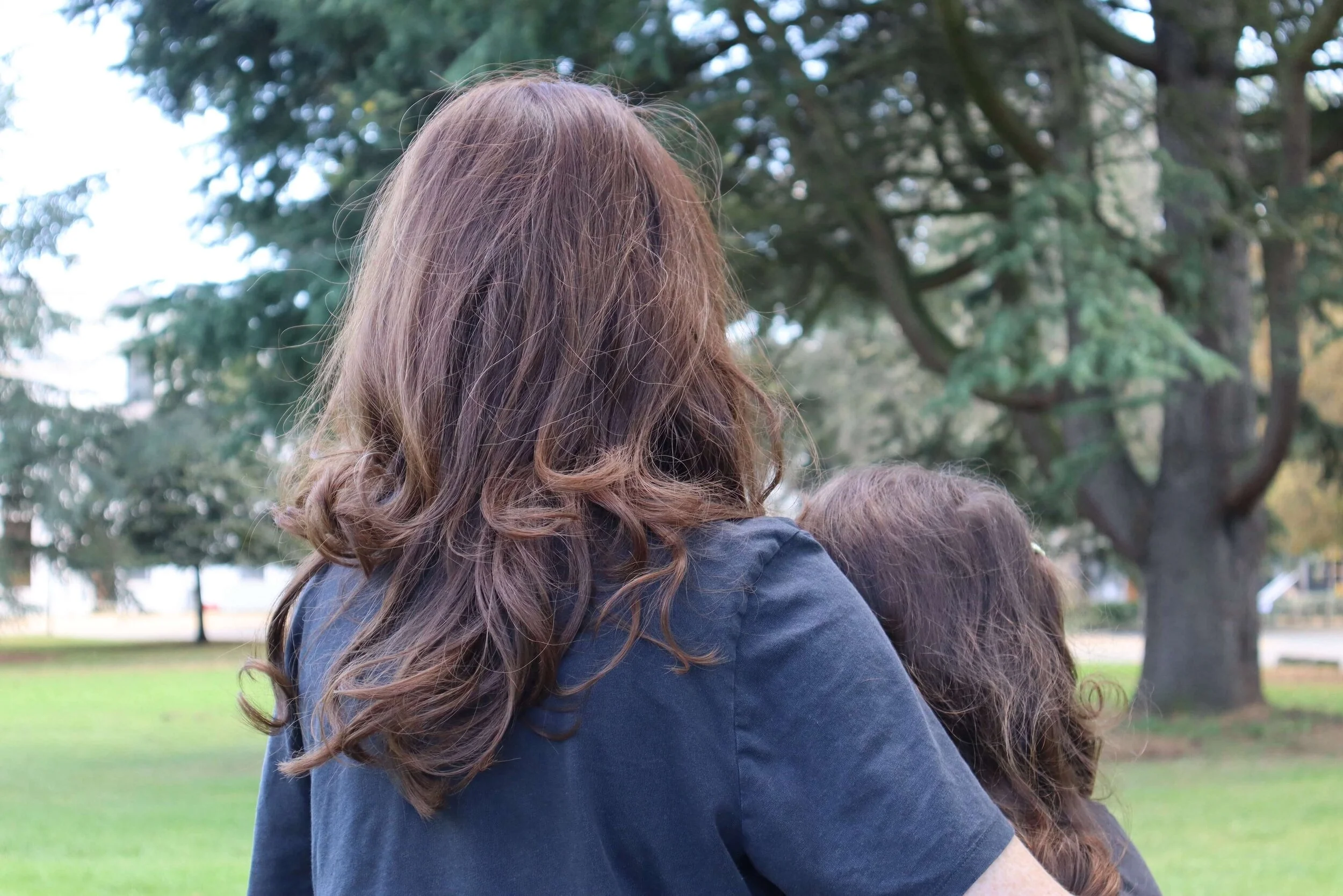 Two people with brown hair, seen from behind, standing in a park with trees.